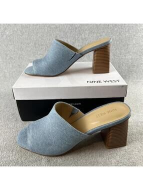 Y2k 90s Nine West Denim Chucky Block Heel Mule Womens Size 9.5 Casual